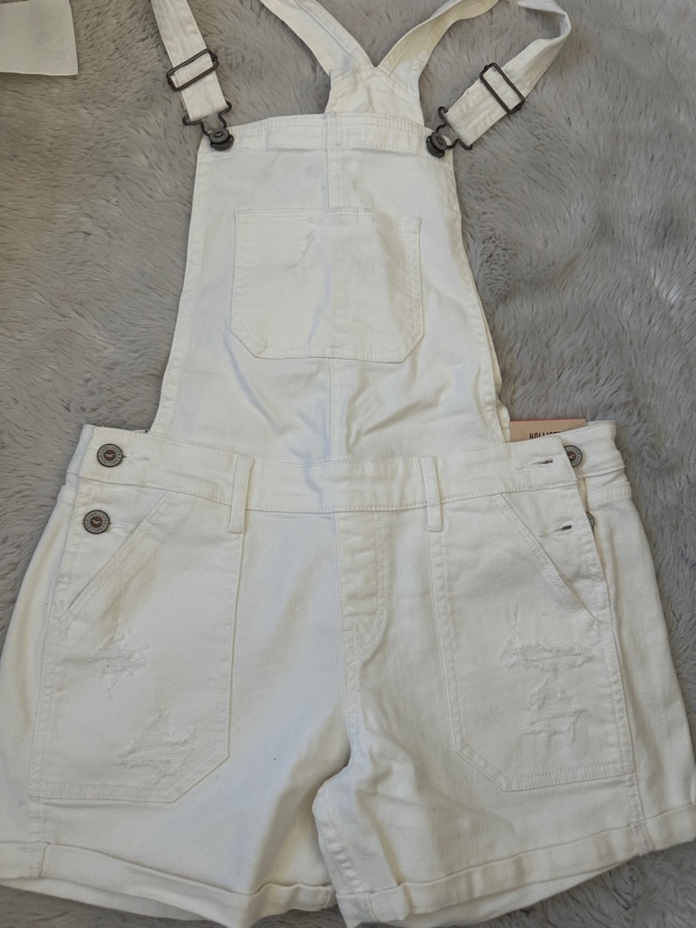 NWT Hollister White Distressed Denim Short Overalls